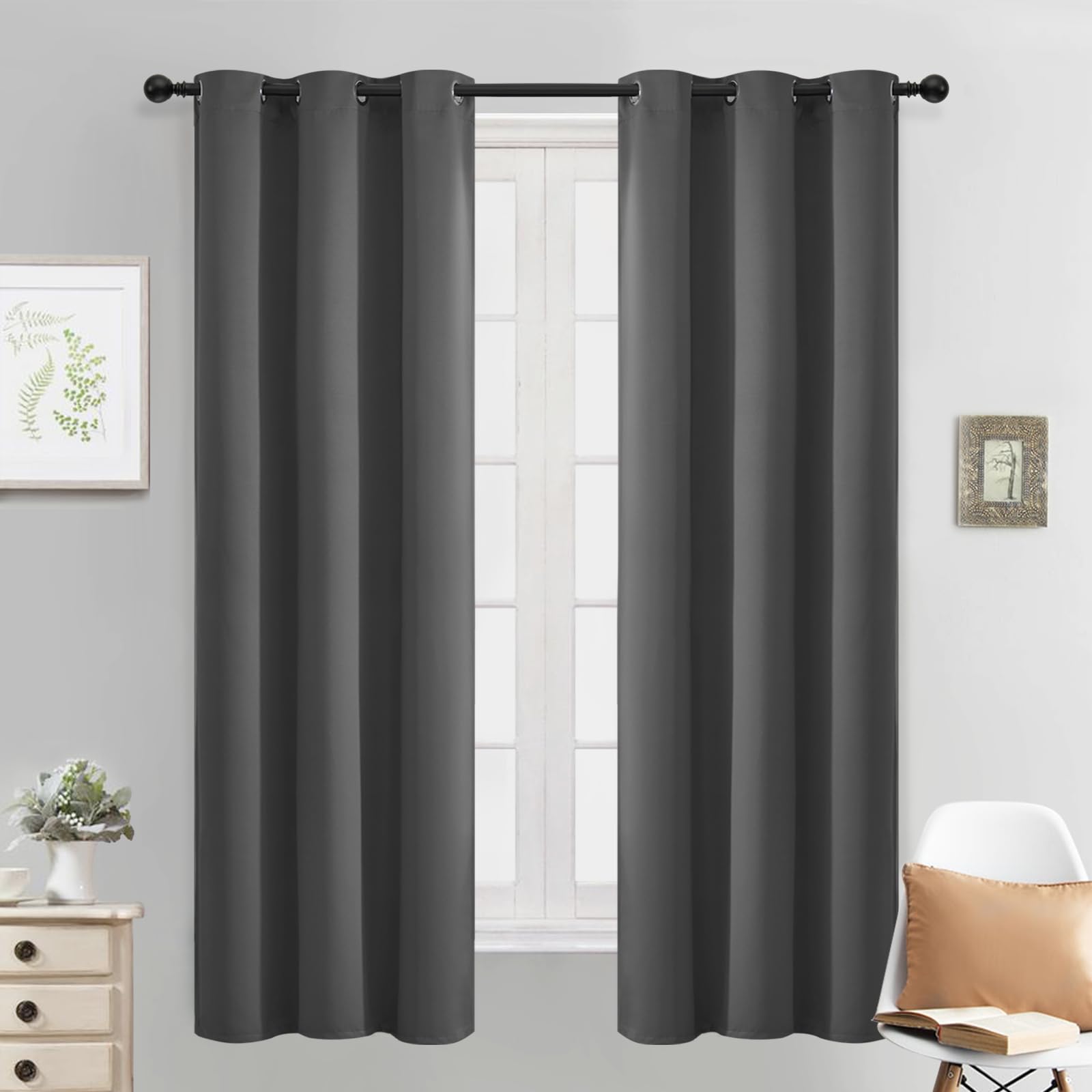 Yakamok Blackout Grey Curtains for Bedroom/Living Room Thermal Insulated, 38" Wide x 63" Long Each Panel,Grommet Top (Set of 2 Panels, Charcoal Grey) — image 1
