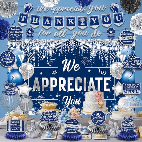Image of We Appreciate You Banner Decorations Blue Silver Thank You for All You Do Banner Honeycomb Centerpiece Hanging Swirl Employee Staff Appreciation Gifts Teacher Appreciation Christmas Party Decor