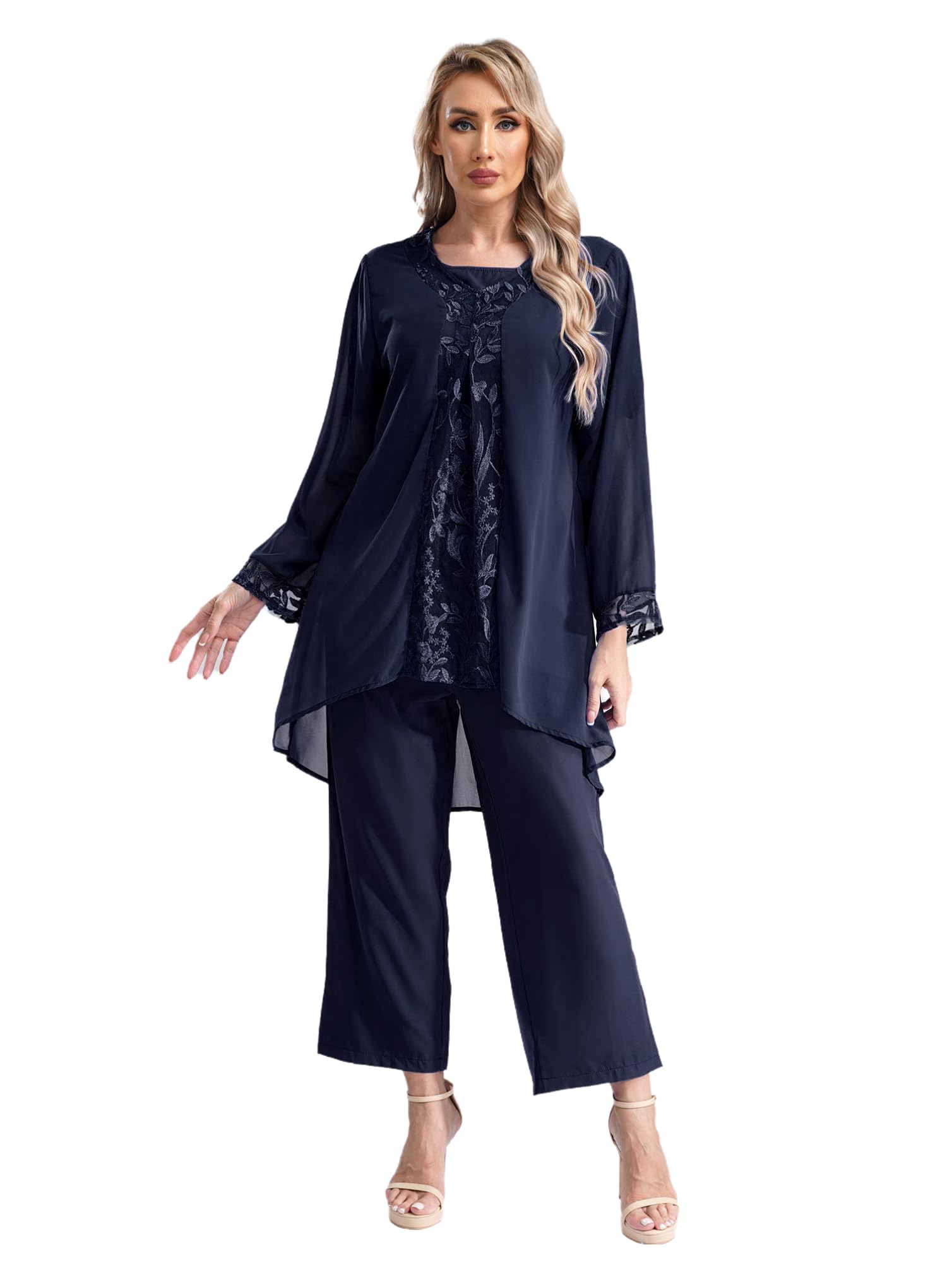 Womens 3 Pieces Chiffon Dress Mother of The Bride Pants Suits Plus Size Floral Lace Wedding Outfit Evening
