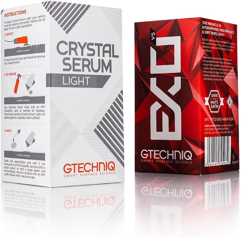 Gtechniq - EXOv5 & Crystal Serum Light Bundle 50ml - Ceramic Coating Paint Protection, Add Gloss, Resist Swirls, Repel Dirt & Contaminants, Ultra-Durable, High Gloss, Slick Feel