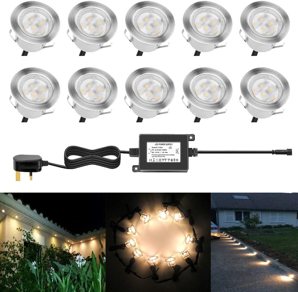 CHNXU45mm Warm White Led Decking Lights Kitchen Plinth Lights Outdoor Low Voltage IP67 Waterproof Deck Lighting Kits Pack of 10