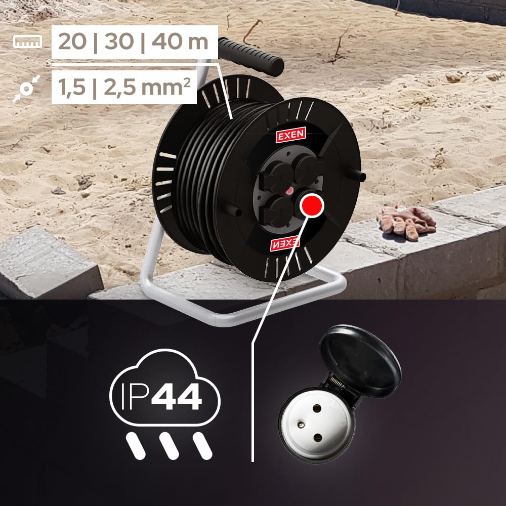 EXEN Przedłużacz Bębnowy Budowlany 40 m Mocny IP44 - Rolka Kablowa z 4 Gniazdami Typ E z Uziemieniem 3×2,5 mm² - Bęben Kablowy Ogrodowy 230V 3300W - Listwa na Bębnie do Ogrodu, Garażu, Warsztatu