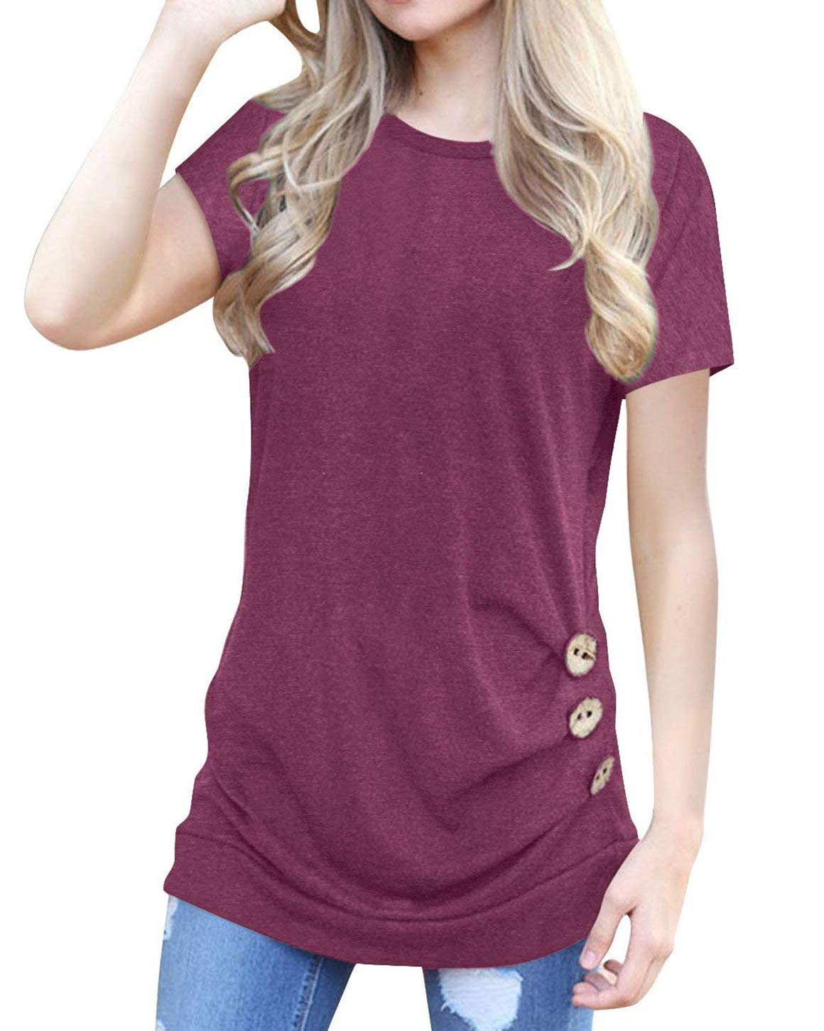 STKAT Women's Casual Short Sleeve Buttons Crew Neck Loose Tunic T Shirt Blouse Tops