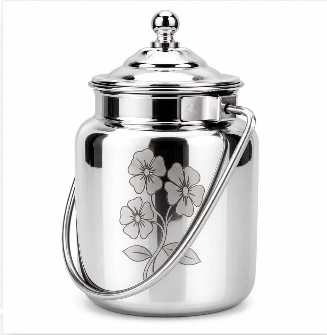 Stainless Steel Mini Milk can with Airtight Lid and Handle | 500ML | Mirror Polish Finish, Ergonomic Handle, Easy to Clean, Modern Style, Keeps Milk Fresh, Floral Design-image-5