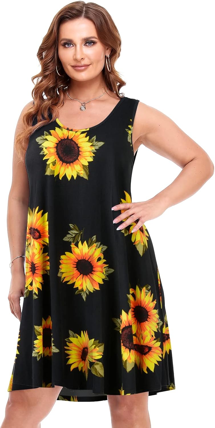 BELAROI Women Plus Size Sundress Summer Casual Sleeveless Tshirt Dress Sunflower Floral Scoop Neck Swing Tank Dresses with Pockets Beach Cover up(4X,Flower35) - Image 2