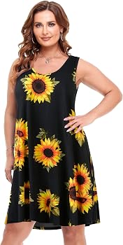 BELAROI Women's Plus Size Summer Dress – Sleeveless Scoop Neck Pleated Sundress With Pockets, Black Sunflower Print