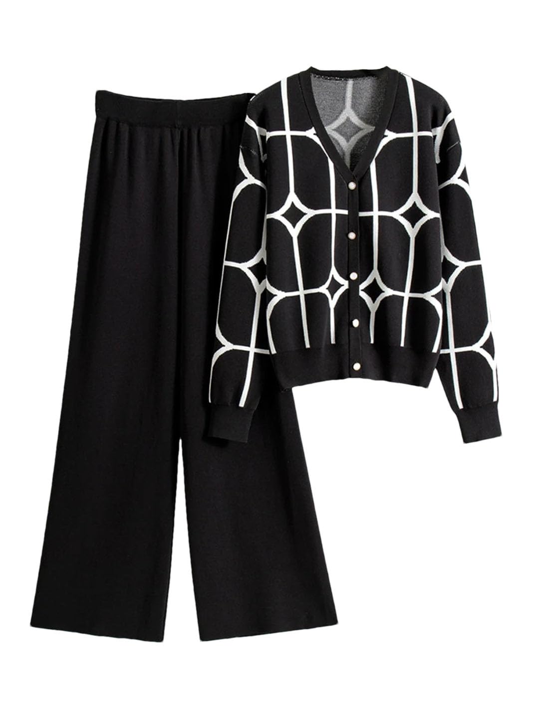 Set maglione da donna con scollo a V e stampa a maniche lunghe cardigan cappotti abiti a vita alta pantaloni a gamba larga