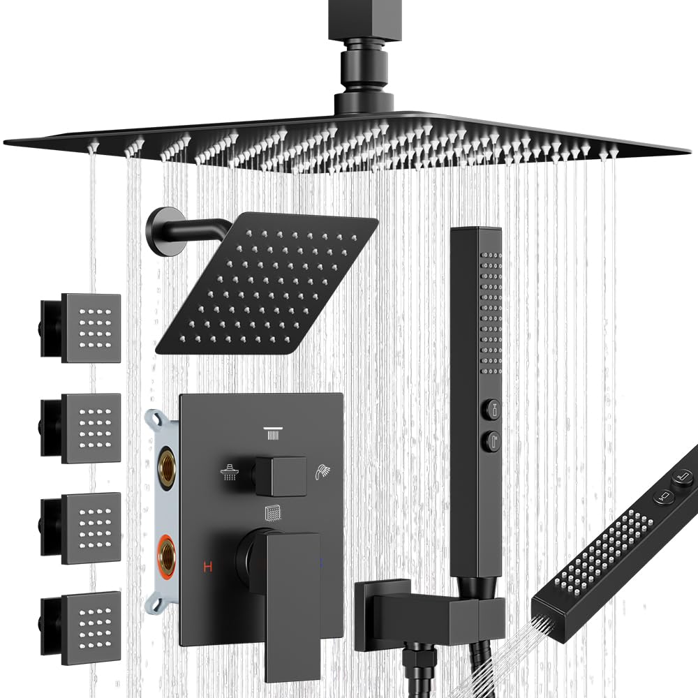 Shower System with Body Jets, Bostingner Four Modes Shower Set 10+6" Rain Shower Head with Handheld Spray 2 Ways, 4Pcs Shower Jets System in Wall Shower Faucet Sets Complete, Matte Black