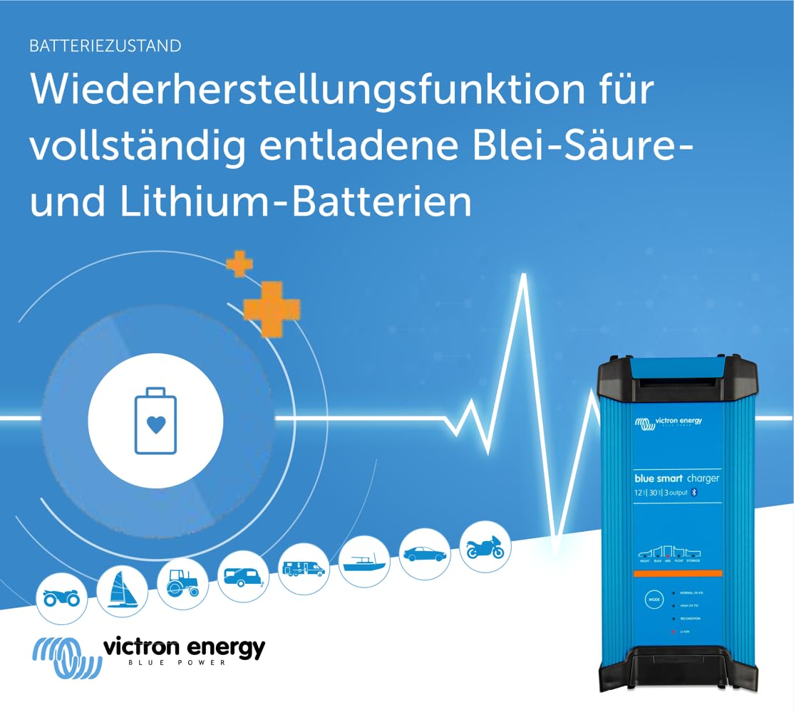 Victron Energy Blue Smart Batterie Ladegerät 12-Volt 30 Ampere 230V - Autobatterie Ladegerät - Batterieerhaltungsgerät und Desulfator - IP22 Geschützt - Bluetooth - 3 Ausgänge - CEE 7/7