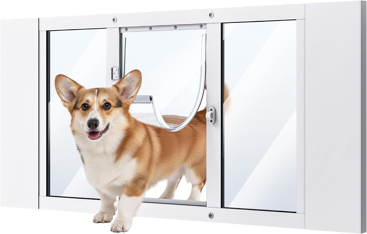 Dog Door for Window, Aluminum Frame Window Pet Door, Adjustable to Fit 33"-38" Width Sliding Windows, Magnetic Closure, Fits Dogs up to 100lb, Large-Plus