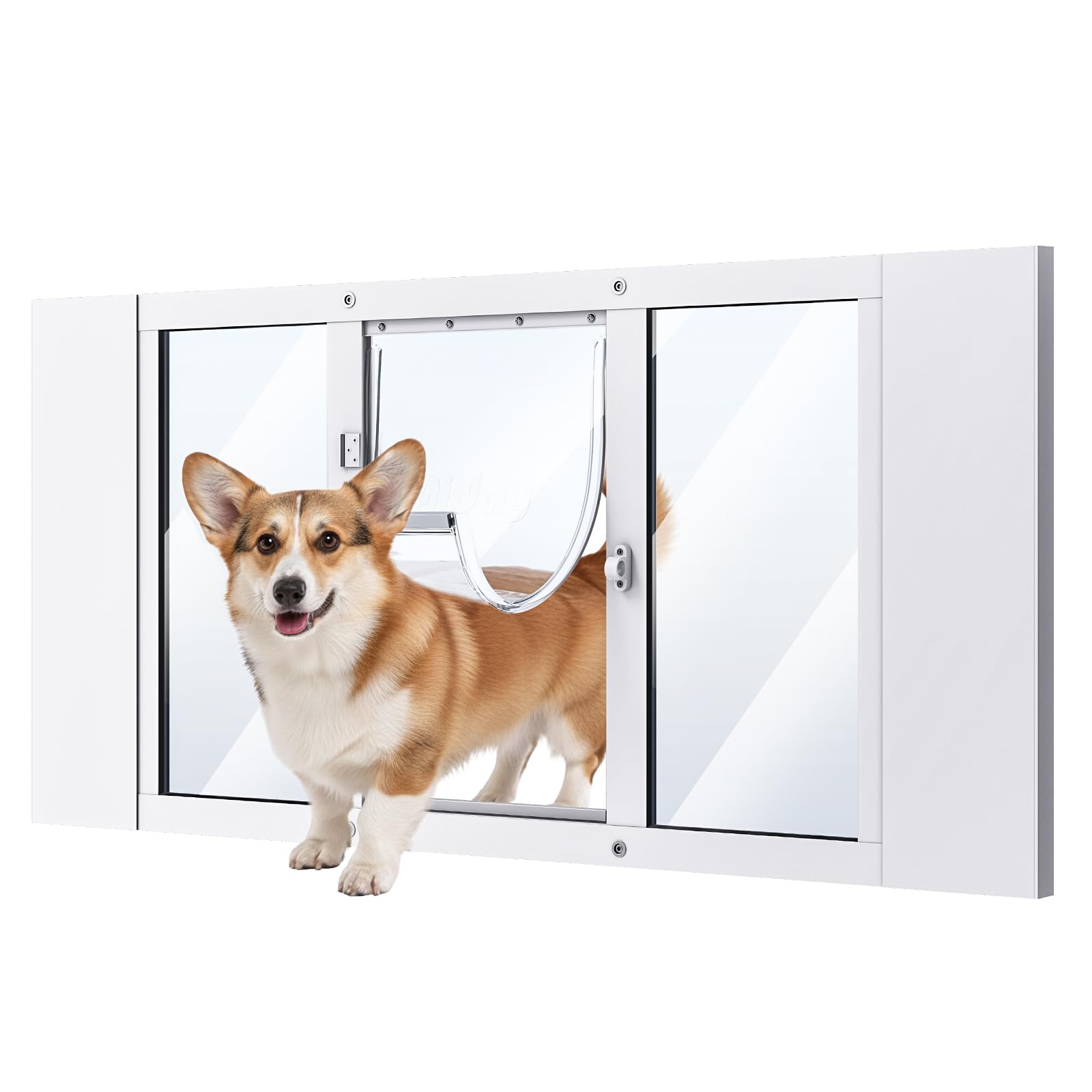 Dog Door for Window, Aluminum Frame Window Pet Door, Adjustable to Fit 33"-38" Width Sliding Windows, Magnetic Closure, Fits Dogs up to 100lb, Large-Plus