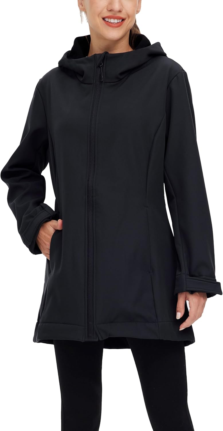 wantdo Women Softshell Jacket Fleece Lined Hooded Rain Coat Waterproof Windproof Windbreaker Jacket Lightweight Long Coat - Image 2