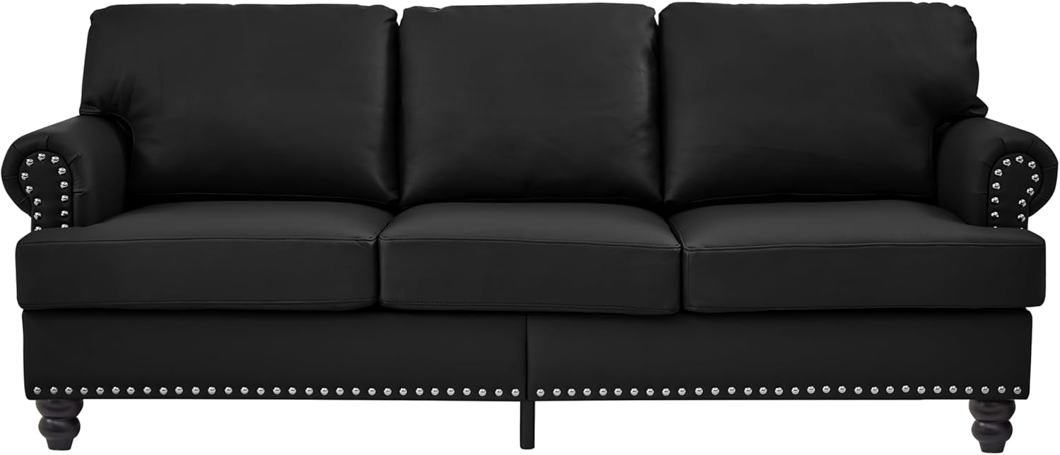 Harper & Bright Designs Classical 3-Seater Sofa with Storage, Silver Nailhead Trim and Wood Legs, 3 Seat Imitation Cowhide Leather Living Room Sofa Couch