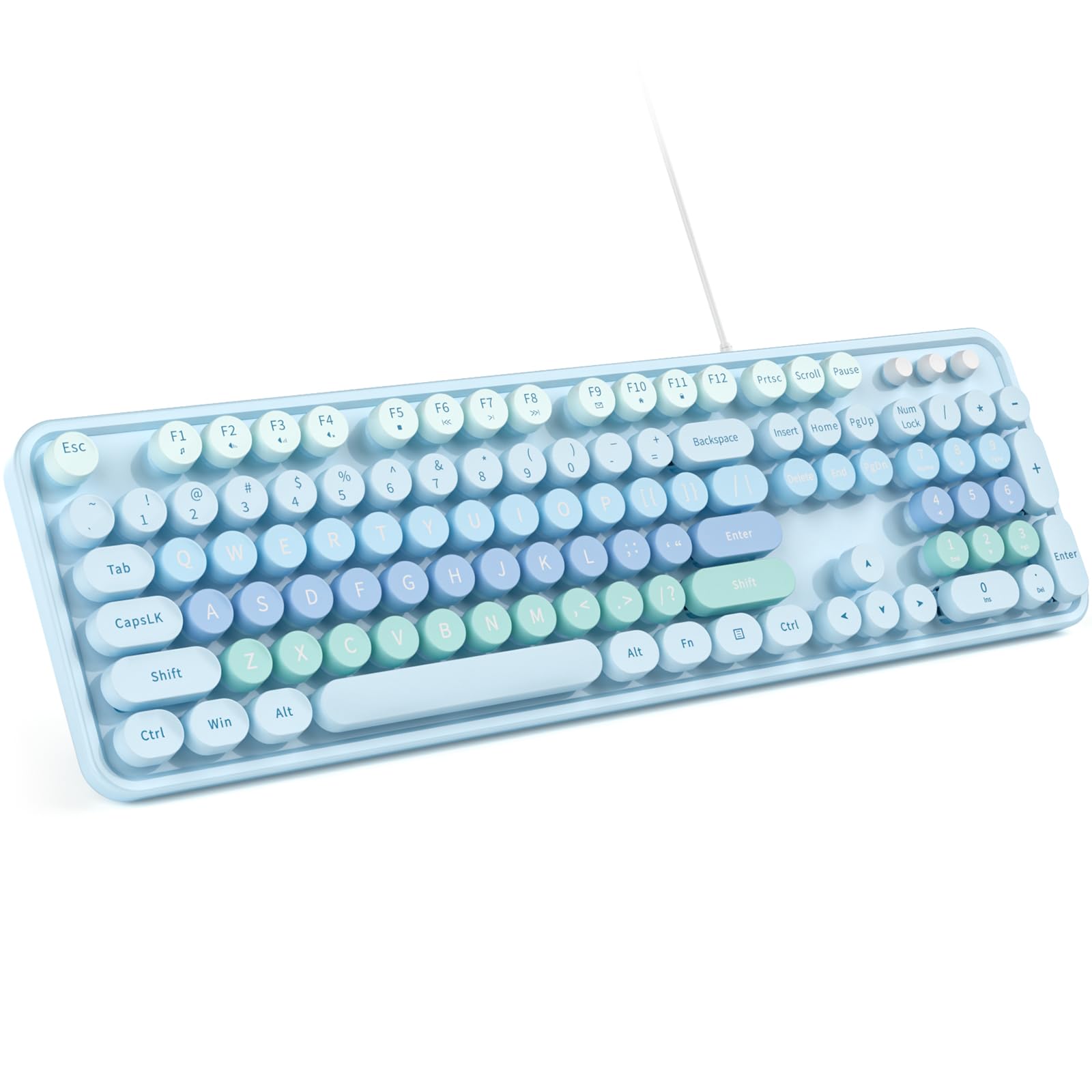MOWUX Computer Keyboard Wired, Plug and Play USB Retro Round Typewriter Keyboard, Full Size Wired Keyboard with Foldable Stands for Laptop and Office PC- Blue with Large Print