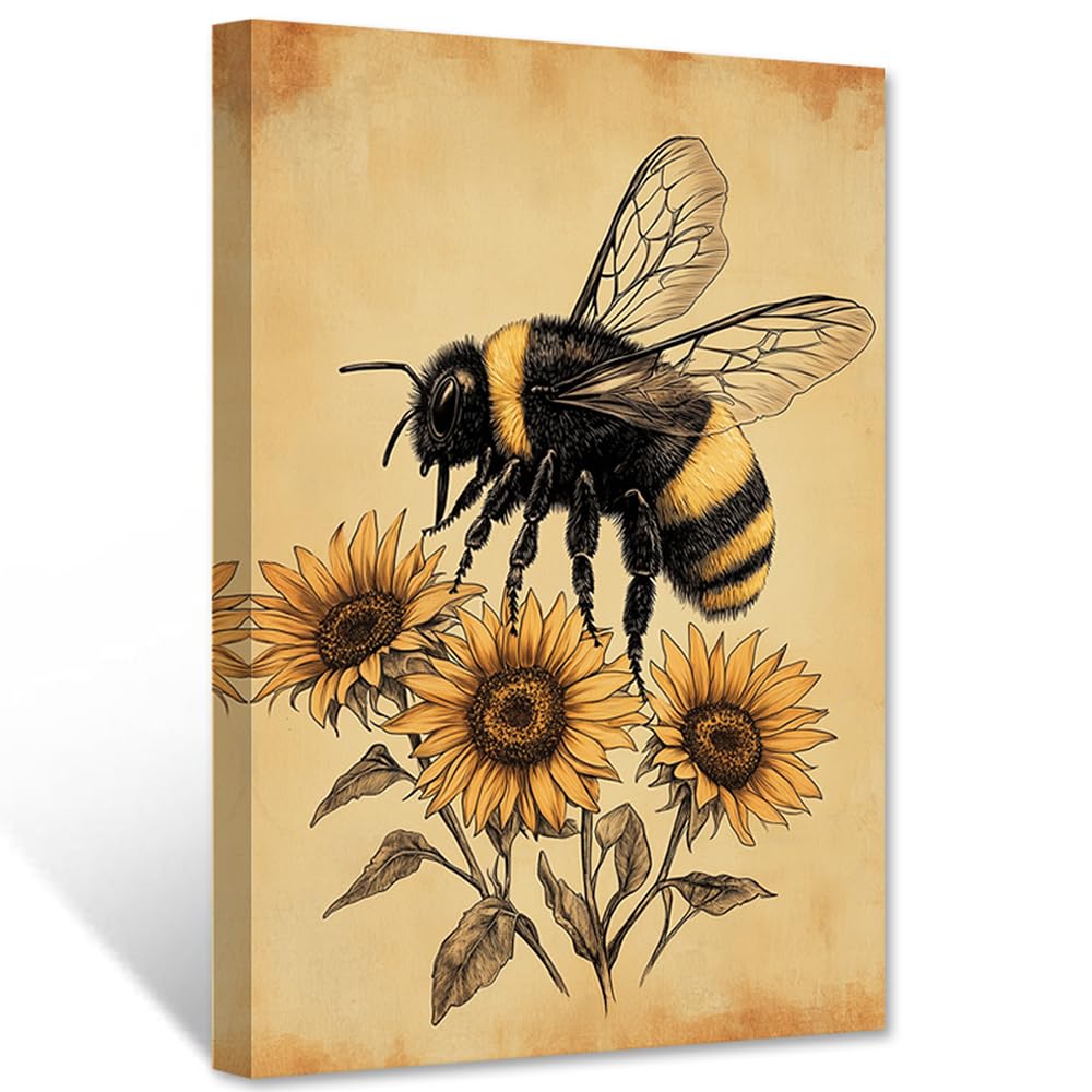 CCWACPP Bee Canvas Wall Art Rustic Floral Wall Decor Vintage Bee Picture Animals with Flower Prints Country Farmhouse Bathroom Bedroom Decor Framed (30.00 x 45.00 cms)