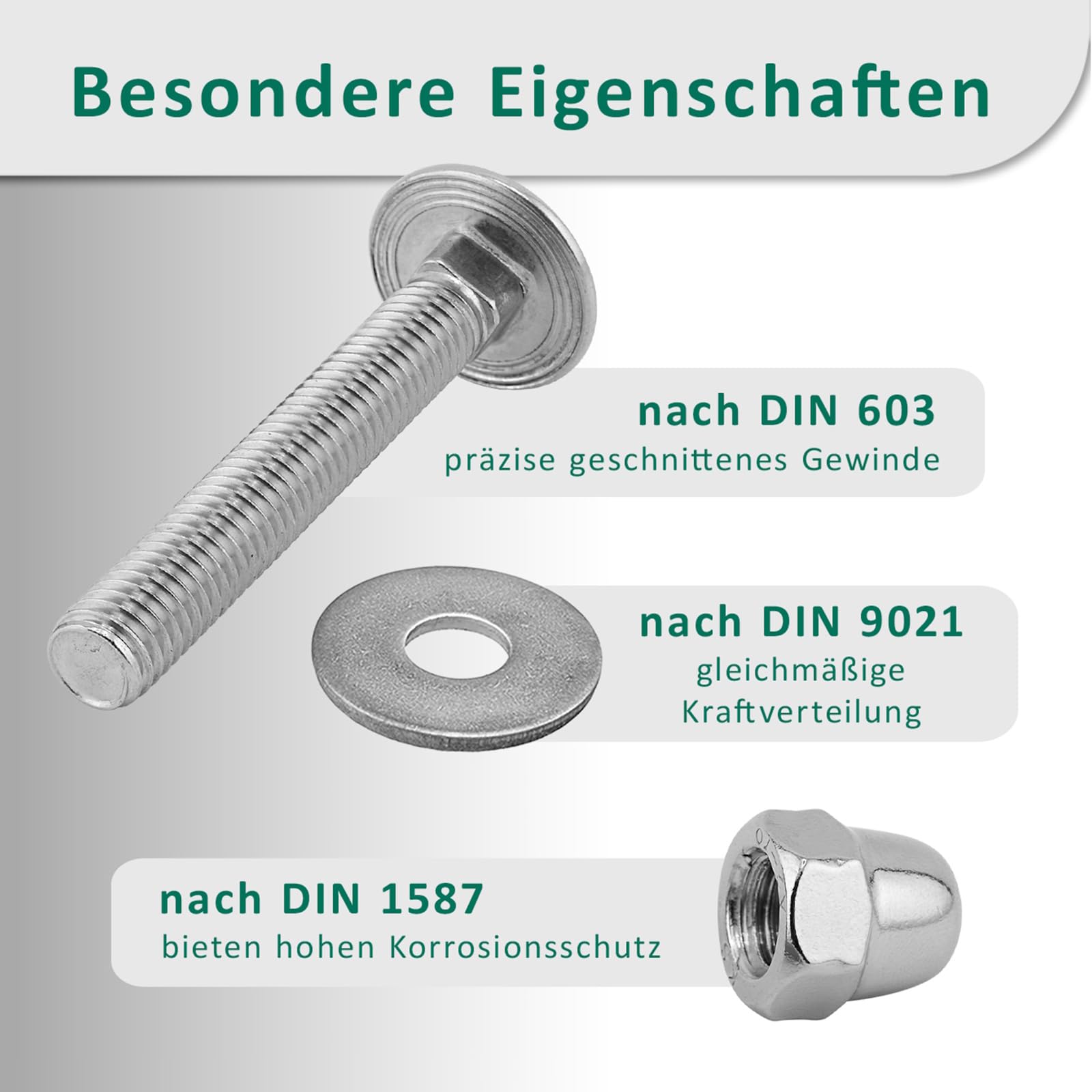 DSM - Boulons de carrosserie M6 x 60 mm selon DIN 603 - Écrou borgne M6 DIN 1587 et rondelle DIN 9021 - Acier inoxydable A2/V2A - Filetage complet - Vis à tête bombée avec collet carré - Lot de 100