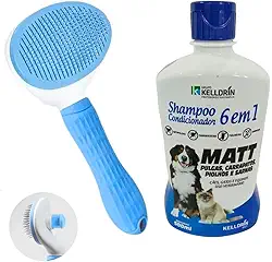 Kit Higiene Pet Shampoo E Condicionador 6 em 1 Para Cães e Gatos Antipulgas Com Rasqueadeira Removedora de Pelos (Azul)