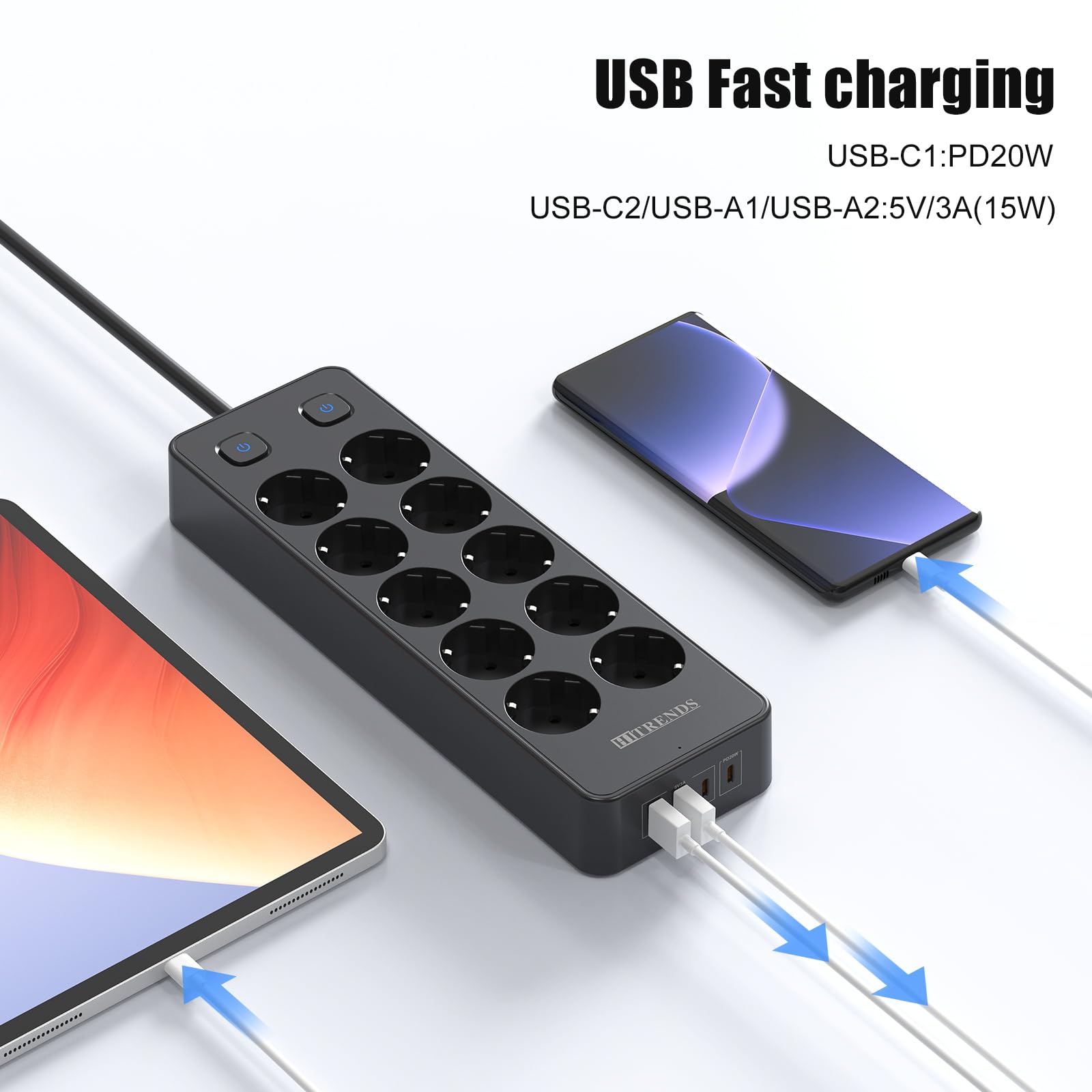 Multipresa con interruttore, Ciabatta 10 prese con protezione da sovratensione, Multipresa con 2 USB-A e 2 USB-C (20 W PD), Ciabatta con cavo da 2 m per casa, ufficio (nero)
