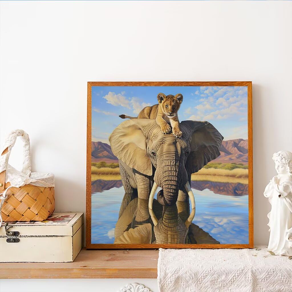 DIY Elefant Diamond Painting Erwachsene, 5D LöWe Diamant Painting Bilder Kinder Anfänger, Mosaik Bastelset Erwachsene Diamanten Malerei Stickerei Kreuzstich Geschenk Home Wand Dekor 80x80 cm V-127