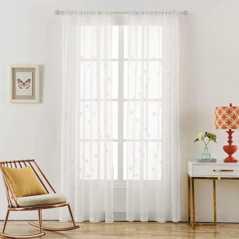 Mitlatem White Flowers Sheer Curtain for Bedroom 102 inch Length Advanced Embroidered Decorative Rod Pocket Voile Sheer Drapes for Living Room (Flowers, 72" W x 102" L)