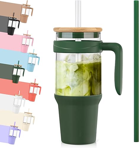 tronco Vaso de vidrio de 40 onzas con popote y tapa, vaso de vidrio reutilizable con asa, taza de café helado con tapa de bambú, botellas de agua de