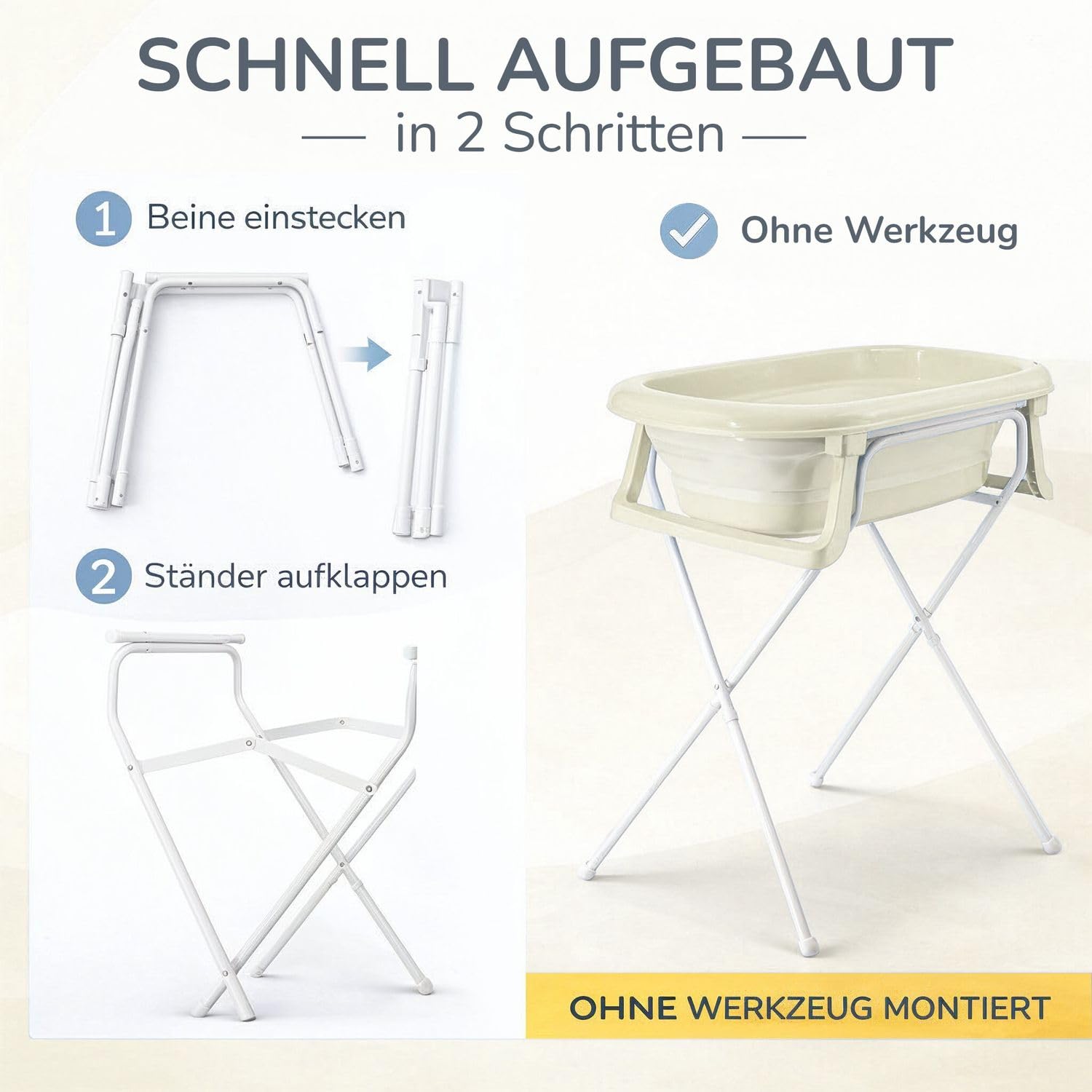 Babykajo Babybadewanne faltbar mit Ständer, Ablaufschlauch & Thermometer-Sticker, 4-teiliges Set ab Geburt, BPA-frei, EU gefertigt, 81x48x23 cm, Babywanne bis 16 Monate