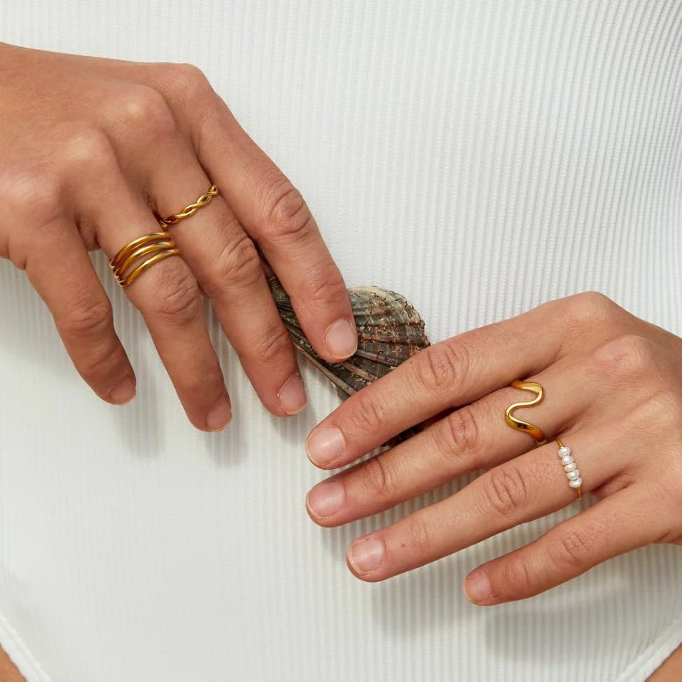 LIU JUN Freshwater Pearl Ring For Women, 14k Gold Plated Natural Freshwater Baroque Stainless Steel Stackable Engagement Rings Boho Fashion Gift Jewelry2