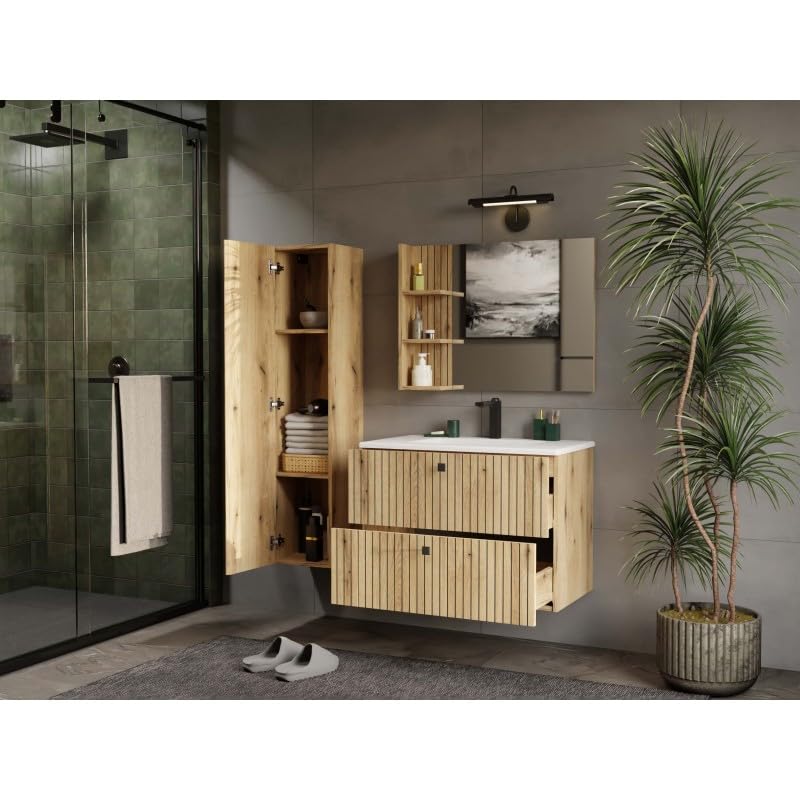 Meuble sous-lavabo suspendu CDF avec 2 tiroirs, meubles de salle de bain avec façades à lamelles et poignées – Rangement pour accessoires de bain, cosmétiques, serviettes – Design moderne Tigo 802S