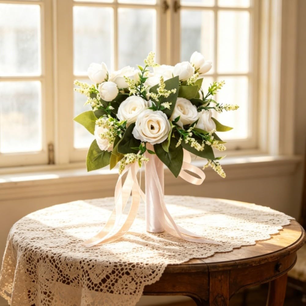 Bouquet di fiori artificiali per damigelle d'onore, rose in seta, design peonia, leggero, 22 cm, blu e viola (rosa)