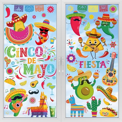 Image of 72 PCS Cinco De Mayo Decorations, 9 Sheets Cinco De Mayo Window Clings, Double-Sided Mexican Stickers with Tacos Guitars Cactus Peppers Designs, Fiesta Party Decor for Window Glass Home Store