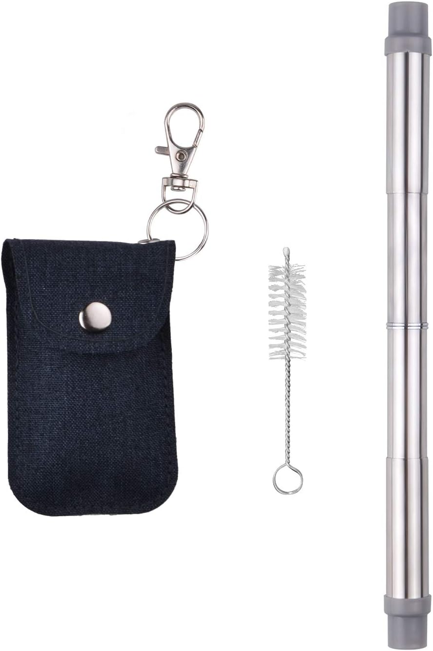 SAVORLIVING Reusable Stainless Steel Straws Portable 8.3inch Drinking Straws Collaspible Straws with Keychain Pouch and Cleaning Brush (Darkgrey, Large)
