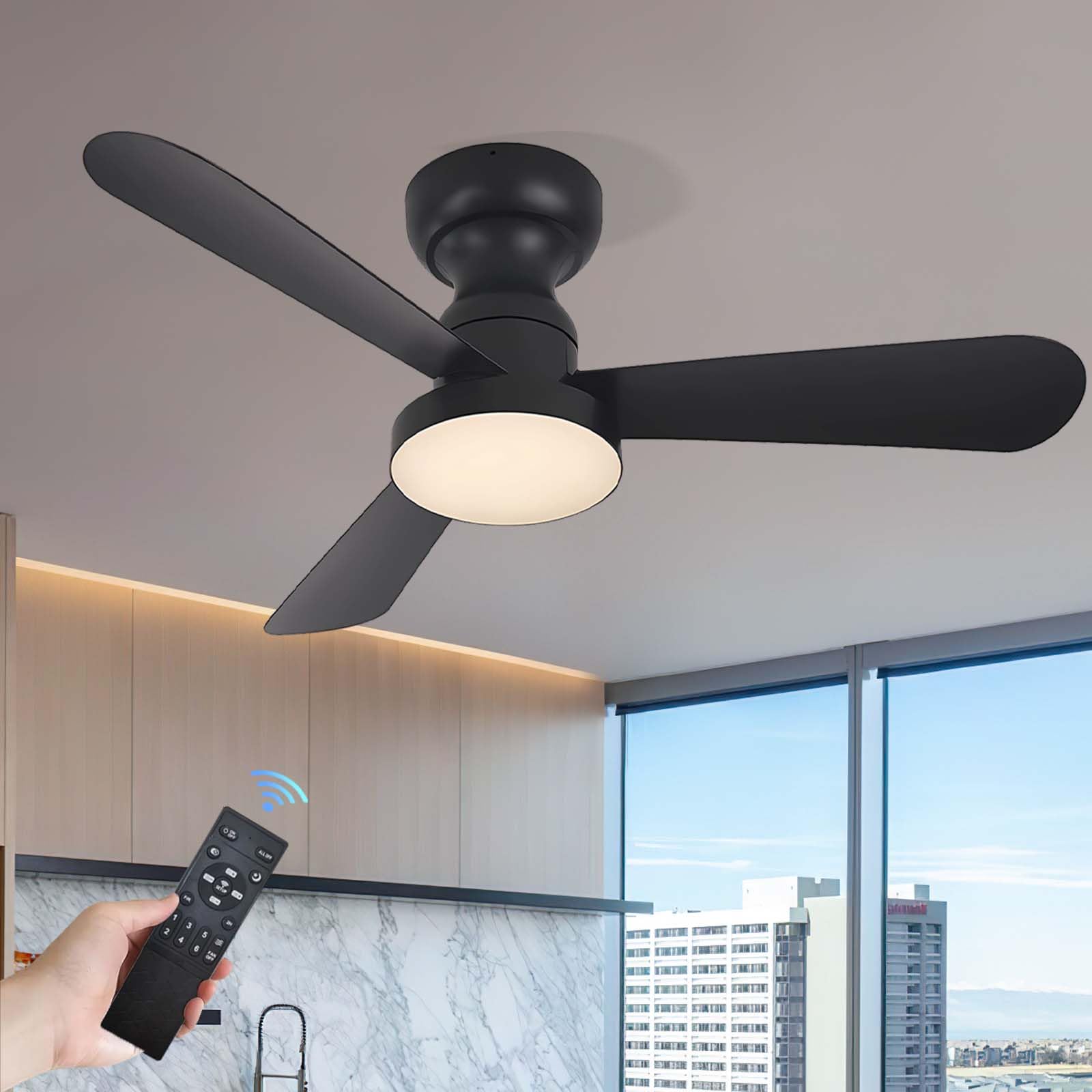 HXYSXHJUO Quiet Ceiling Fans with Lights,3 Blades 6 Speeds Timer，Dimmable LED Fan Lights for Bedroom Living Room Kitchen-Black||35inches