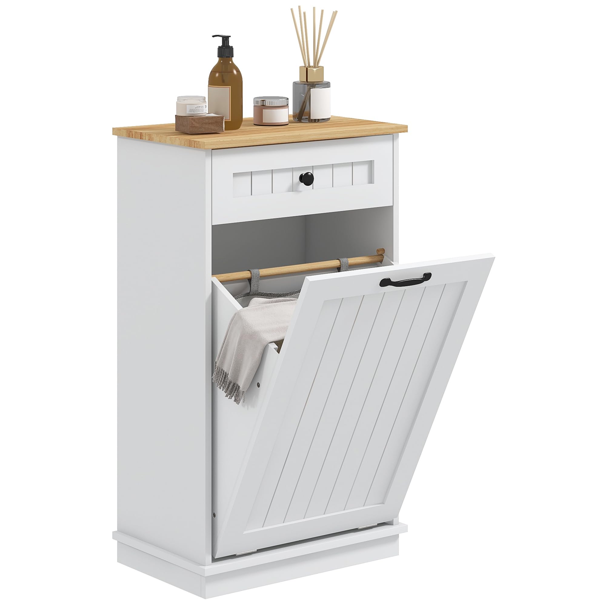 HOMCOM Mueble Auxiliar de Baño Cesto para Ropa Sucia Armario de Baño con Cajón y Diseño Anti-vuelco Mueble de Baño Moderno 52x33x90 cm Blanco