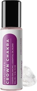 Crown Chakra (Sahastrara) Roll-On (10ml) - Blended with Natural Essential Oil, Includes Clear Quartz Gem Stone - for Chakra Balance, Meditation, Yoga, Reiki & Healing