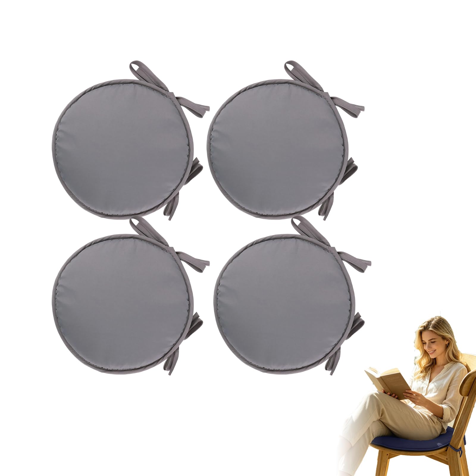 4 Pack Round Seat Cushions Colorful Indoor/Outdoor Chair Pads Garden Patio Home Soft Patio Cushions Furniture Cushion Cover with Ties for Garden Furniture Bistro Chairs Office Classroom (4, Gray)