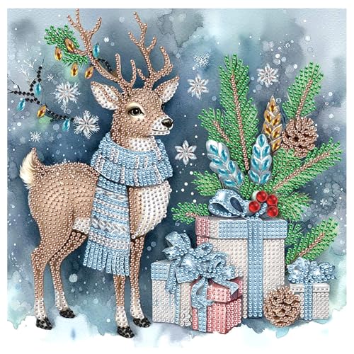 Image of Elk Deer Christmas Diamond Art Painting Kits for Adults, 5D Special Shape Diamond Art Kits for Beginners, Crystal Rhinestones Diamond Painting for Home Wall Christmas Decoration Gift 11.8x11.8 inch