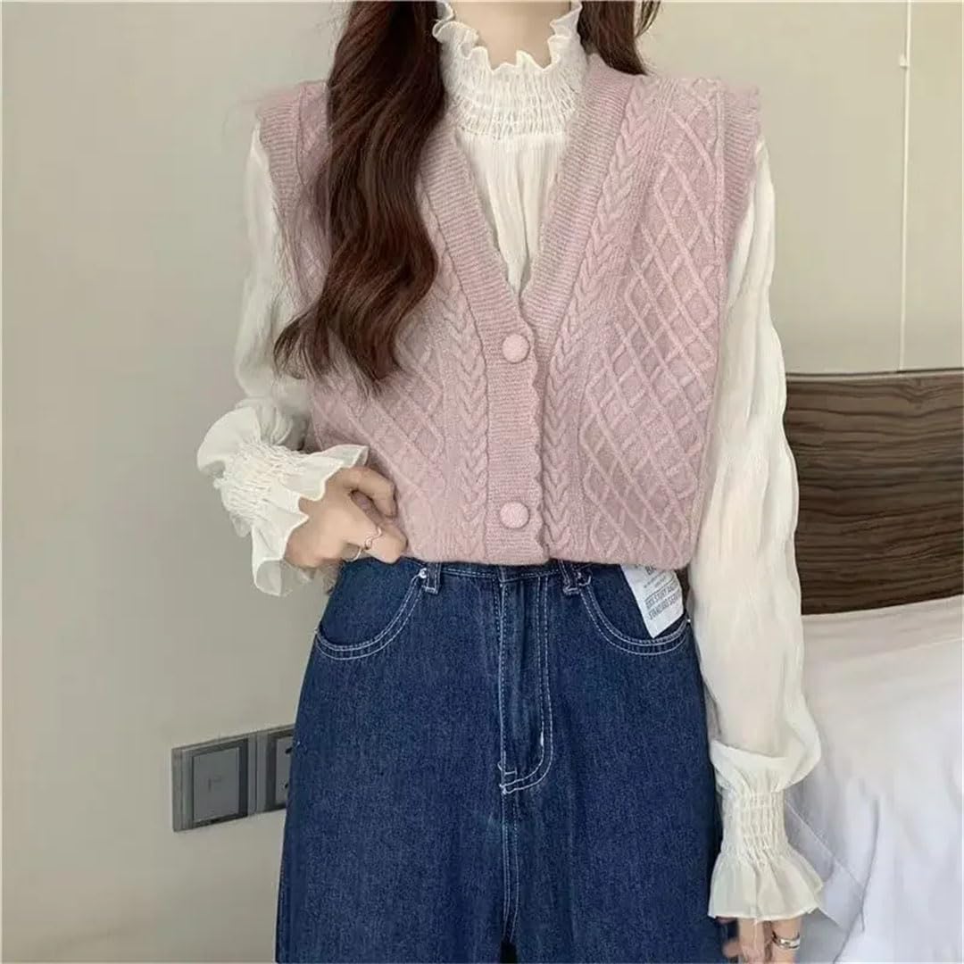 Gilet da donna con bottoni, scollo a V, elegante, lavorato a maglia