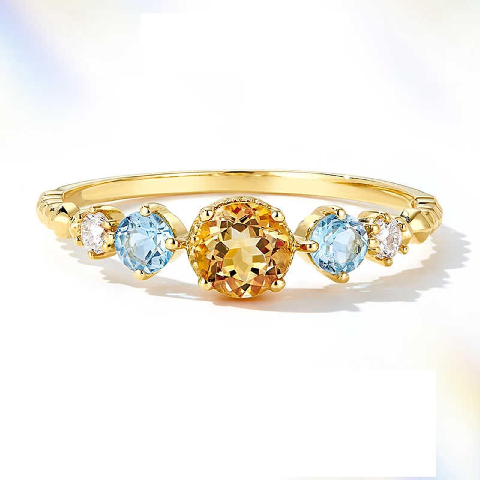 Anillo de Alianza Mujer Oro Amarillo 9K / 14K / 18K, Redondo con Citrina Topacio de 0,5 ct y Diamante, Anillos Matrimonio Oro Amarillo Mujer
