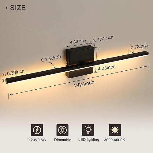 Miniatura 3 de Moderna lámpara de tocador de baño de 24 pulgadas, 18 W, lámpara de baño negra sobre el espejo, regulable 5CCT LED iluminación de pared para espejo