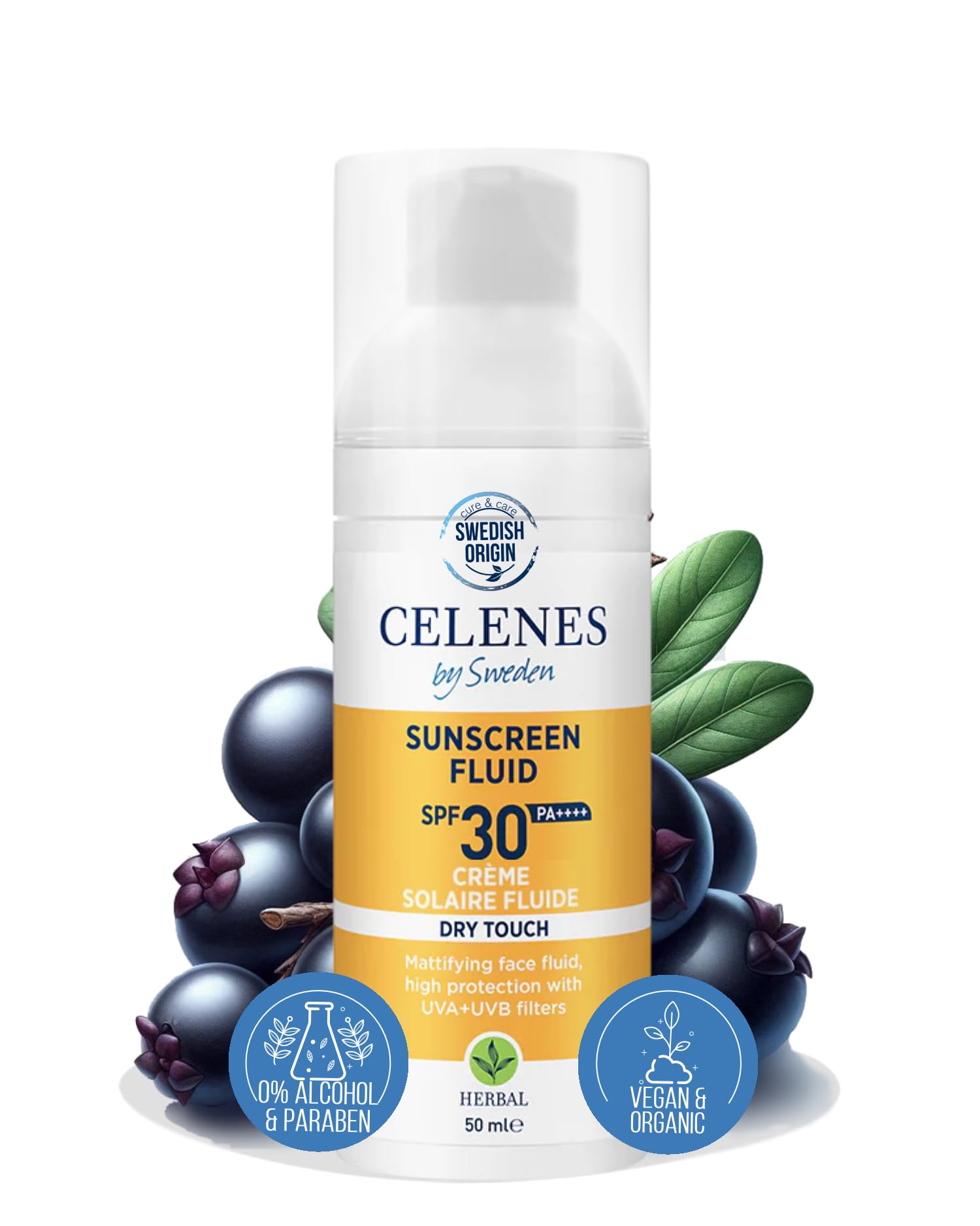 Celenes by Sweden Fluido Protector Solar Tácto Seco SPF30+ 50ml - Acabado Mate, Protección UV, Resistente al Agua, Sin Fragancia