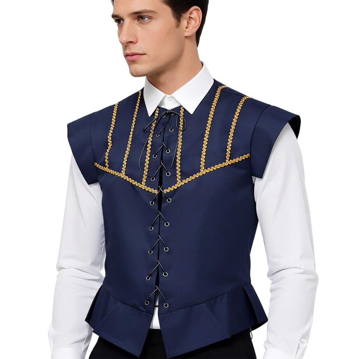 BPURB Mens Steampunk Gothic Pirate Vest Renaissance Medieval Lace-up Waistcoat Victorian Costume (X-Small, Navy blue)