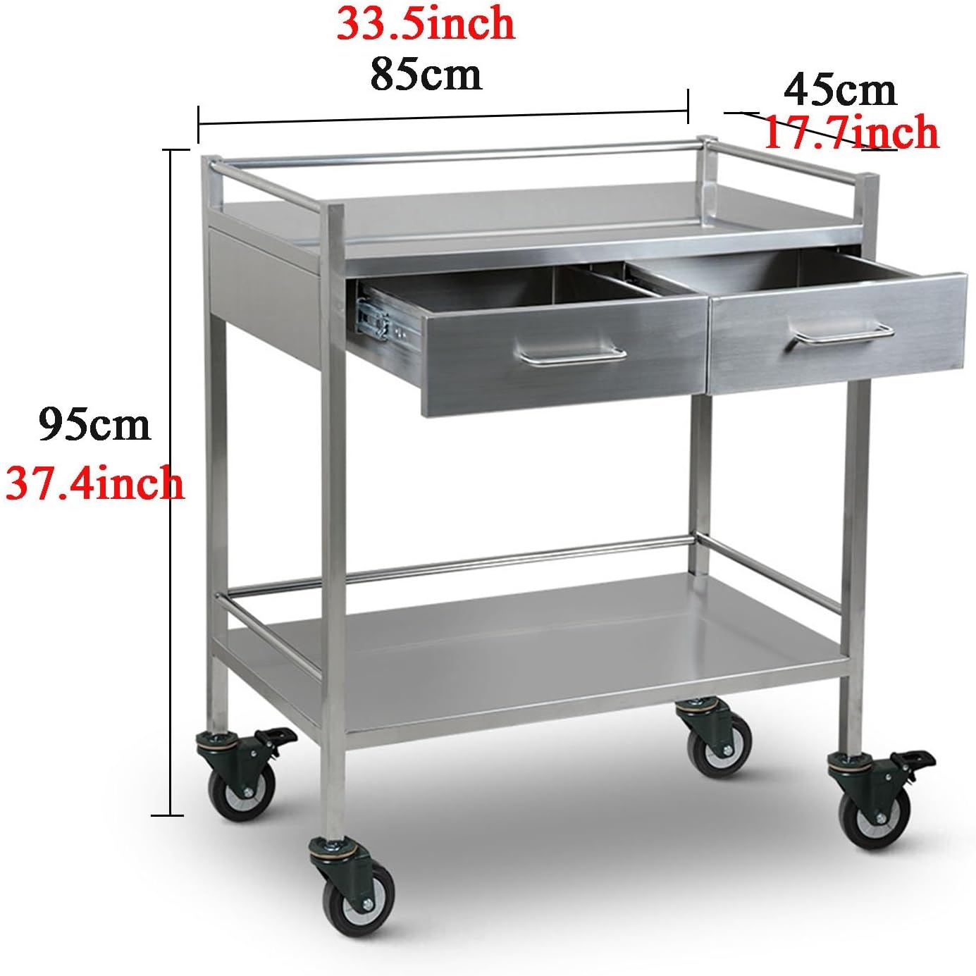 2 Tier Stainless Steel Lab Cart Craft Storage Cart with Two Drawers 44 Centimetre Tier Spacing Raised Guardrail Rolling Cart 200 Kilogram