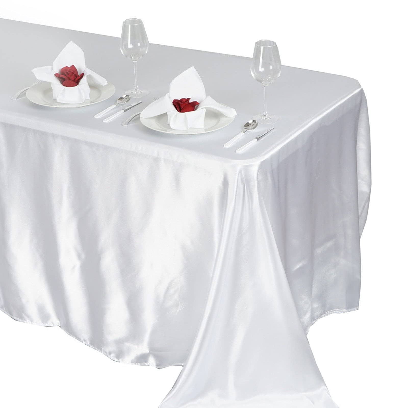 BalsaCircle 90x132 inch White Satin Rectangle Tablecloth Table Cover Linens for Wedding Table Cloth Party Reception Events Kitchen Dining