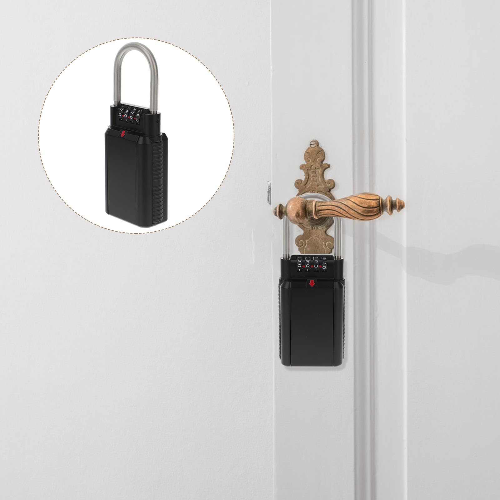 Caja fuerte de metal montada en la pared con cerradura combinada, interior espacioso para llaves y unidades, instalación sin herramientas, ideal para viajes y uso al aire libre.