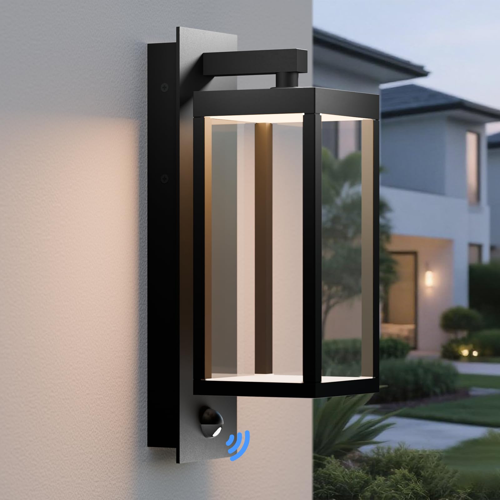 Photo 1 of Inowel Modern Motion Sensor Outdoor Wall Light Sconce with Glass, 850LM LED, IP65 Waterproof Aluminum Lantern - Anti-Rust Exterior Lighting for Porch, Garage, Front Door, Patio,Black