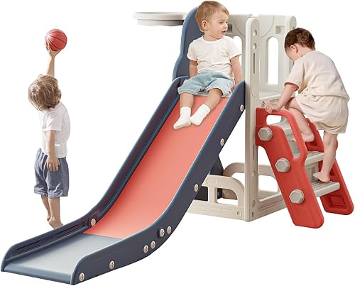 Tobogán para niños pequeños, tobogán escalador con espacio de almacenamiento y escalones antideslizantes, juego para interiores y exteriores con aro