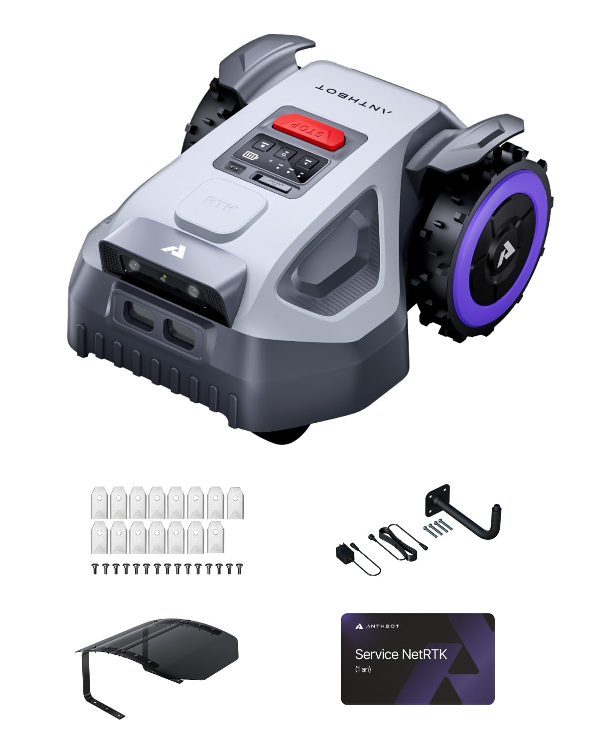 [Paquete por Tiempo Limitado] Cortacésped robótico inalámbrico ANTHBOT, Modelo M9, batería de 5000 mAh, con NRTK, conectividad 4G, Garaje, Cuchillas de Repuesto y Soporte de Pared RTK