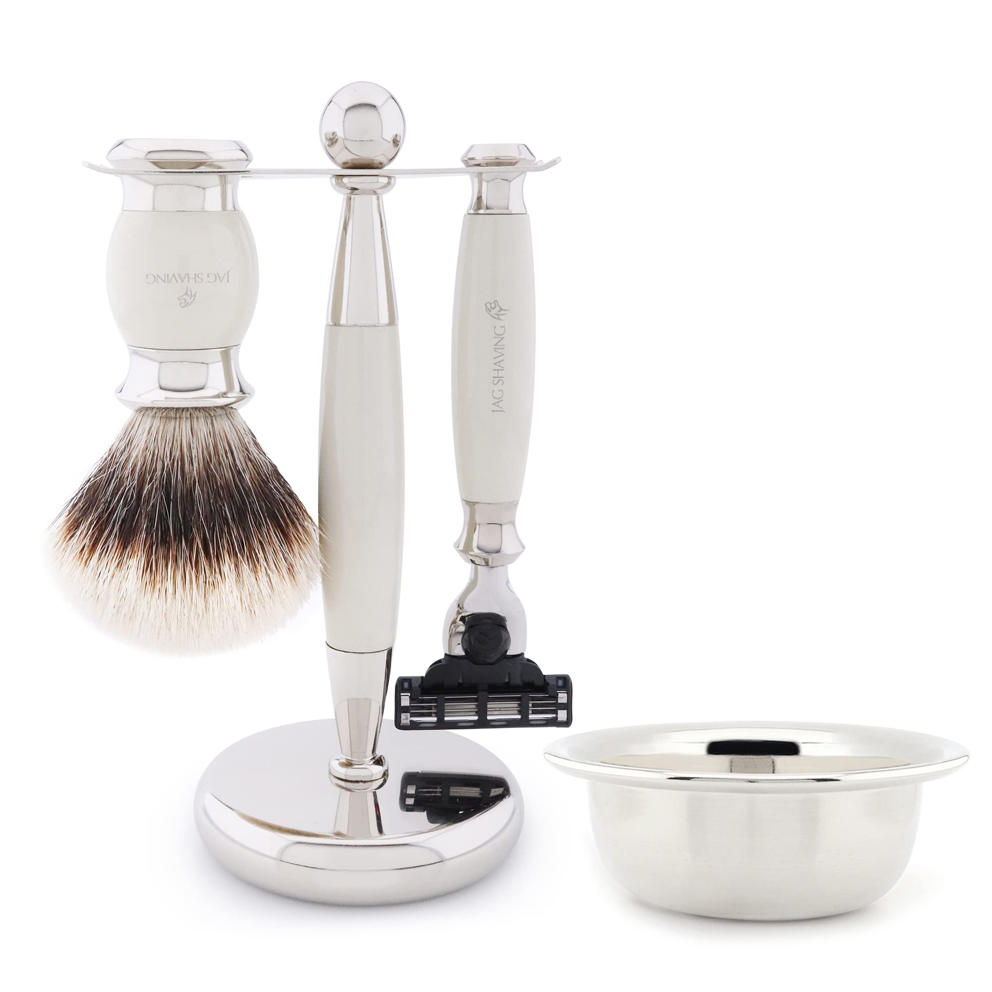 Jag Shaving Zestaw do golenia – 4-częściowy zestaw do golenia – JAG's LEE Range – szczotka do golenia z włosia borsuczego – 3 krawędzie ostrza do golenia – miseczka do golenia – stojak do golenia, zestaw upominkowy w kolorze kości słoniowej