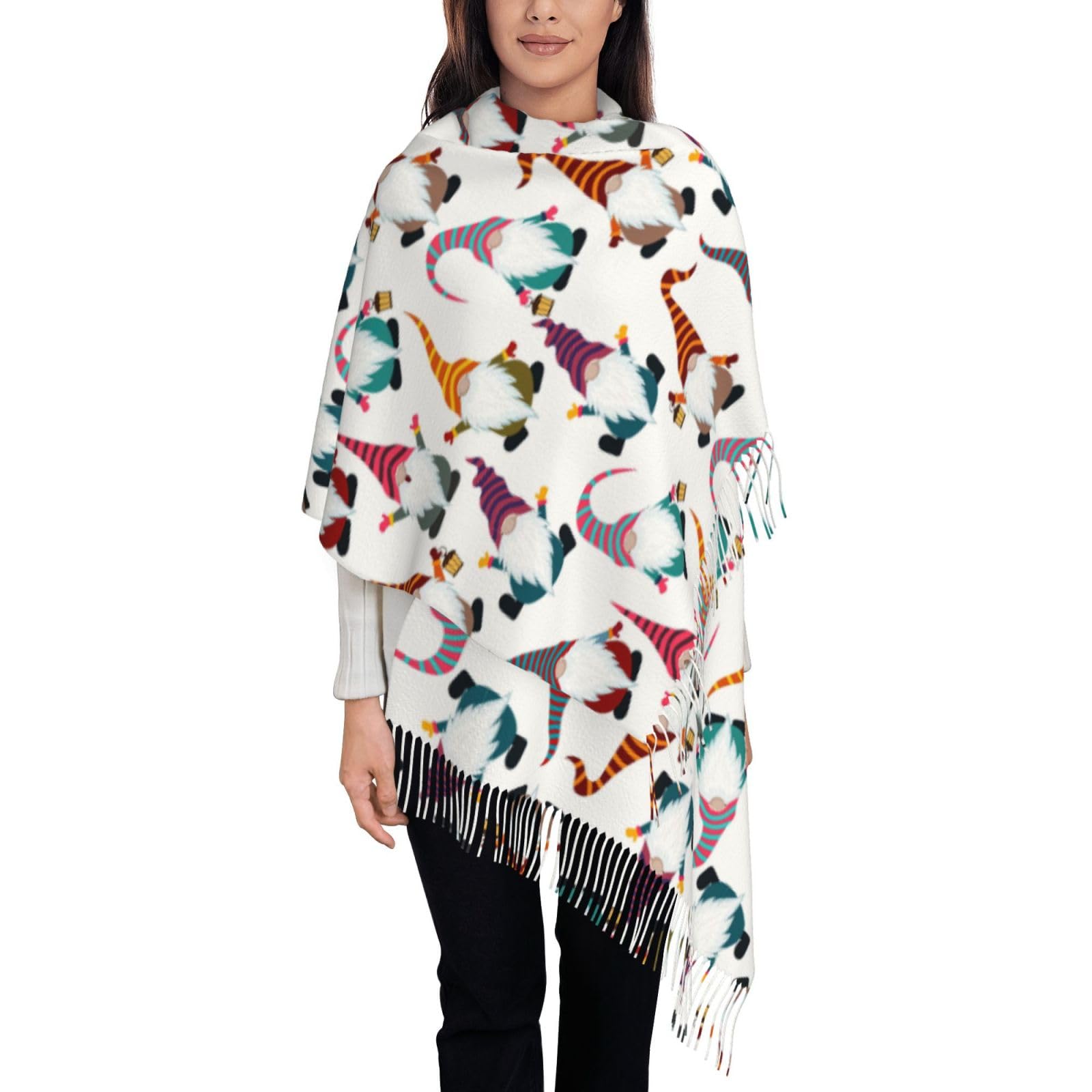 SDEGTHO Xmas Funny Gnomes Printing Vertical Cashmere Like Long Staple Fringed Fashion Autumn Winter Scarf Warm Shawl