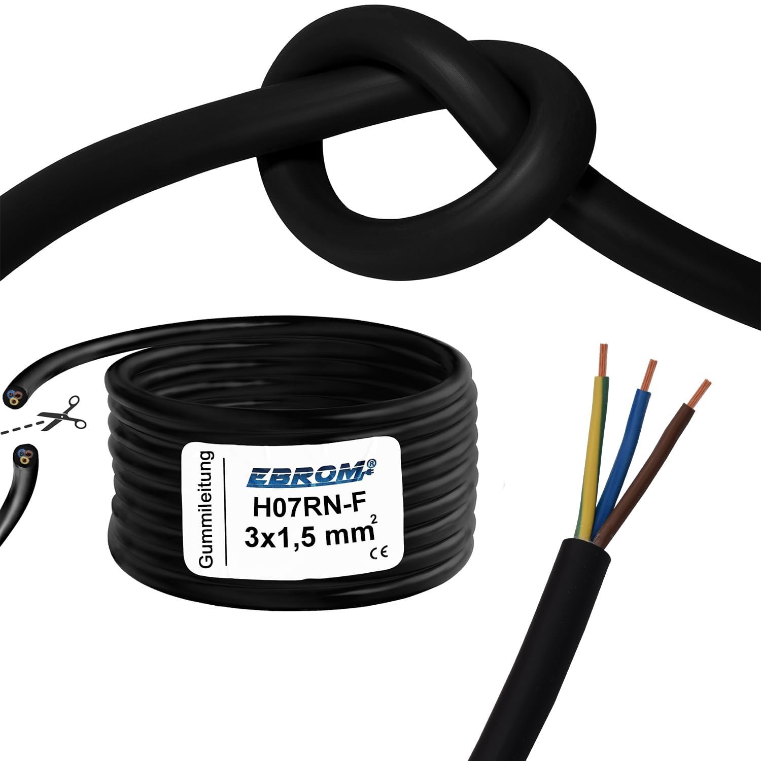 H07RN-F 3G1,5 mm² 3 x 1,5 mm² - Cable de goma (3 x 1,5 mm², se vende por metros en incrementos de 1 metro, cable de extensión de goma, cable de conexión de goma, cable de construcción, para